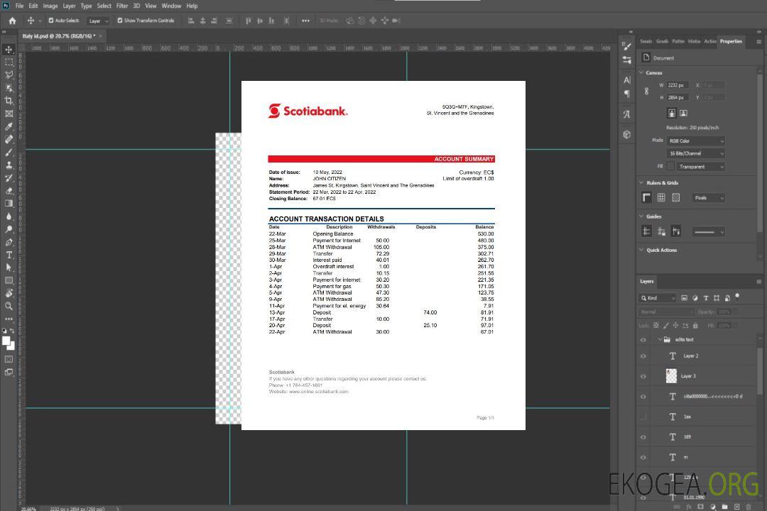 Relevé bancaire de la Banque Scotia de Saint-Vincent-et-les Grenadines template